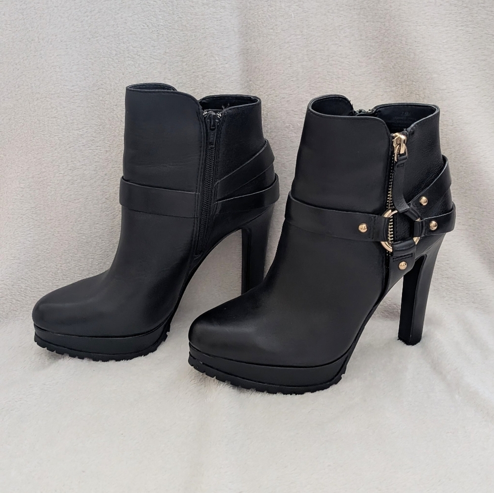 Gianni Bini Black Heeled Ankle Boots with Gold Accents